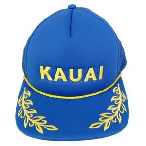 KAUAI Hawaii Vintage Snapback Trucker Hat BLUE Gold Leaf Rope Foam Mesh Back Cap